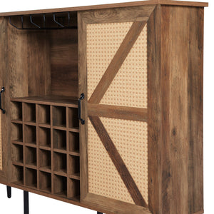 English Elm Oak Rustic Wine Cabinet with Faux Rattan Barn Doors, 20-Bottle Rack, Glass Holders, Adjustable Shelves W2702P183971