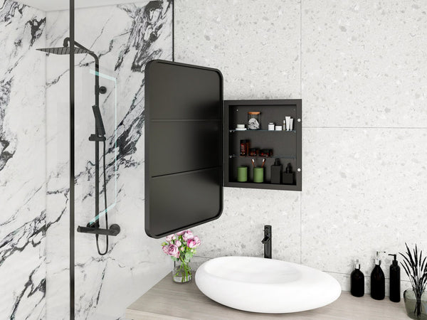 English Elm Rectangle LED Medicine Cabinet Mirror with Soft Touch Light, Magnetic Accessories, Tempered Shelves, Wall-Mounted Storage Black W688P210792