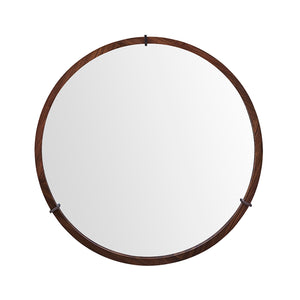 English Elm Jennifer Taylor Home - Hausen 31.5" Mid-Century Round Wall Mirror with Walnut Veneer, Gunmetal Accents, Spacious Glow B2719P246002