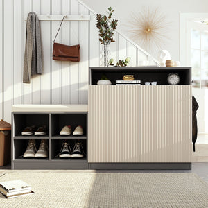 English Elm U_style Entryway Console Set with Wavy Doors Cushioned Bench and Adjustable Shoe Storage N711P345166M