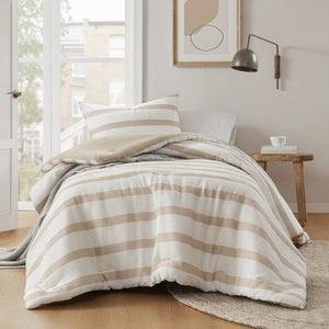 English Elm 2-piece Yarn-dyed Striped Polyester Comforter Set with Seersucker Texture for Year-round Comfort Taupe B035P463215