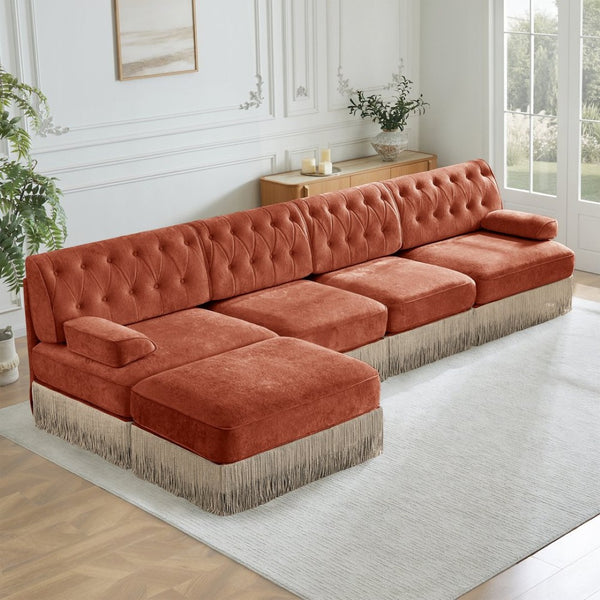 English Elm 135" Chesterfield Velvet Sectional with Tufted Back Tassel Skirt and Modular Living Room Design Red+Brown W714S01726