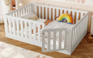 English Elm Twin Solid Pine Montessori Floor Bed with House Frame Door and Safety Fence Light White W5305P420635