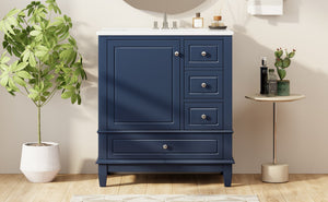 English Elm Christopher Knight Home® - 30" Freestanding Bathroom Vanity with Ceramic Sink, Soft-Close Door, Gold Knobs & 3 Drawers, Durable Painted Finish Blue N759P225994C