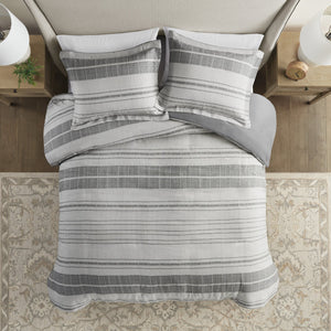 JLA Home Madison Park - 3 Stripe Linen-Look Duvet Cover Set with Black Stripes, OEKO-TEX Cotton-Poly, Button Closure, Ties MP12-8374