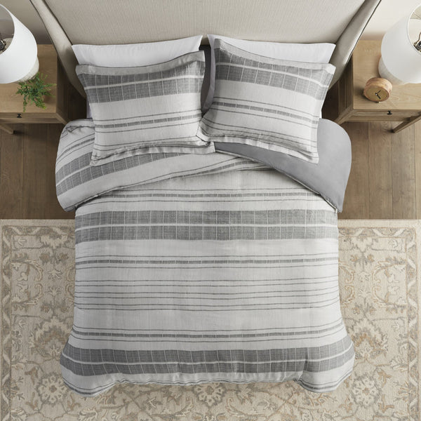 JLA Home Madison Park - 3 Stripe Linen-Look Duvet Cover Set with Black Stripes, OEKO-TEX Cotton-Poly, Button Closure, Ties MP12-8374