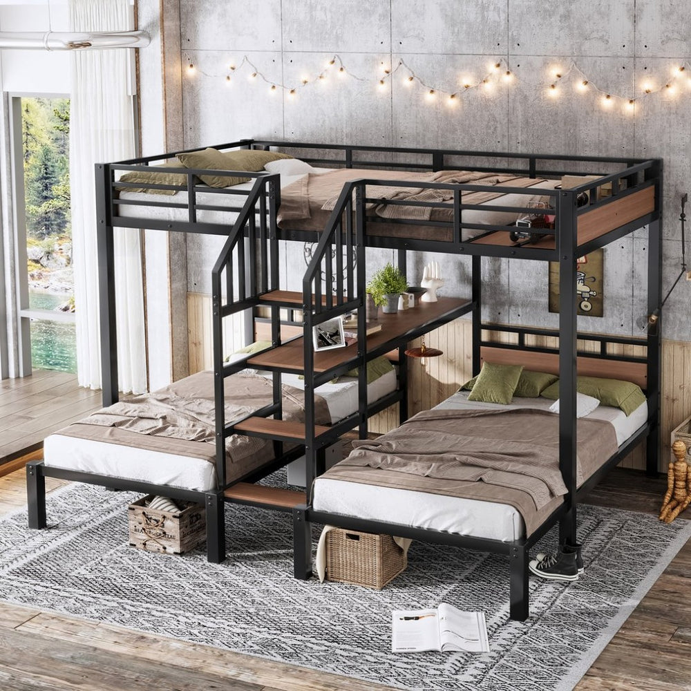 English Elm Full Xl Over Twin Triple Metal Bunk Bed with Storage Stairs and Shelves Black W1580S00546