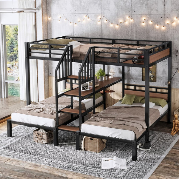 English Elm Full Xl Over Twin Triple Metal Bunk Bed with Storage Stairs and Shelves Black W1580S00546