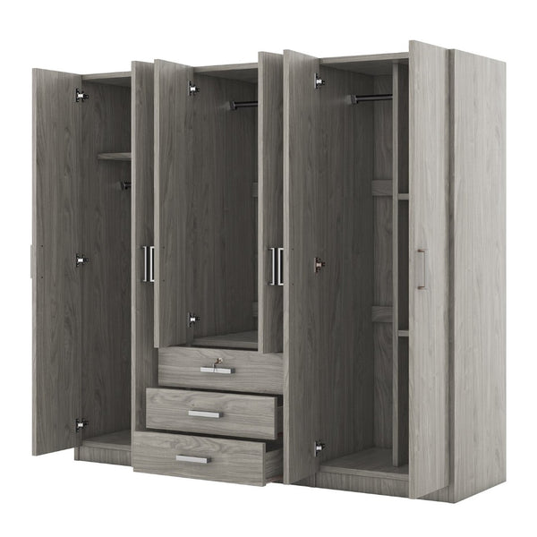 English Elm 6-doors Mdf Wardrobe with Large Drawers Streamlined Bedroom Storage Modern Design Gray N820000010E