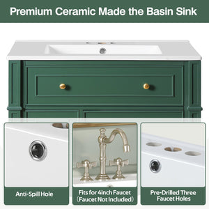 English Elm Bathroom Vanity with Sink French-Inspired 30" Ceramic Basin Vanity Cabinet with Soft-Close Doors & Drawer Organizer Green N710P286723F