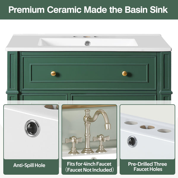 English Elm Bathroom Vanity with Sink French-Inspired 30" Ceramic Basin Vanity Cabinet with Soft-Close Doors & Drawer Organizer Green N710P286723F