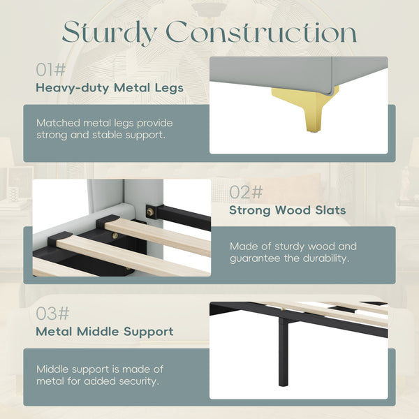 English Elm Christopher Knight Home® - King PU Leather Bed Frame with Wingback Headboard & Footboard, Gold Accents, Platform Slat Support, Elegant Design Grey 77.5 L x 21 W x 5.25 H N761S0000012E