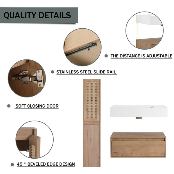 English Elm 30 Inch Wall-Mounted Bathroom Vanity Set With Resin Sink & Soft-Close Drawers For Modern Spaces W999S00350