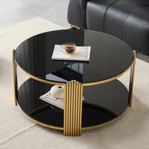 English Elm 35inch Round Coffee Table Dual Tier Tempered Glass Gold Steel Frame Living Room W3357P395503