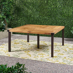 English Elm Christopher Knight Home® - LANKERSHIM 64 Teak Acacia Wood Dining Table 64” Square for 8, Slat Design, Bold Metal Legs, Durable Finish 66105.00