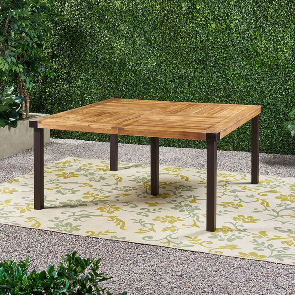 English Elm Christopher Knight Home® - LANKERSHIM 64 Teak Acacia Wood Dining Table 64” Square for 8, Slat Design, Bold Metal Legs, Durable Finish 66105.00