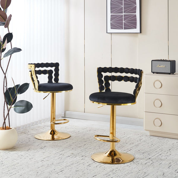 English Elm Modern Marble-Patterned Bar Table Set with 2 Adjustable Stools, Luxe Gold-Finish Bases, Compact Chic Gold+Black W234S00134