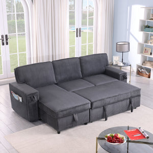 English Elm U_STYLE Chenille Upholstery Sleeper Sectional Sofa with Pull-Out Bed, Chaise Storage & Comfort Gray W1099S00168