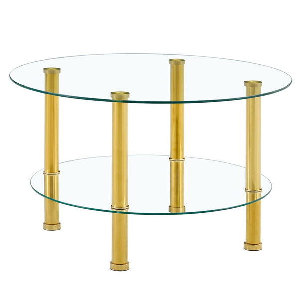 English Elm Contemporary Round Tempered Glass Coffee Table Gold Legs Open Shelf Living Room W1151P234005