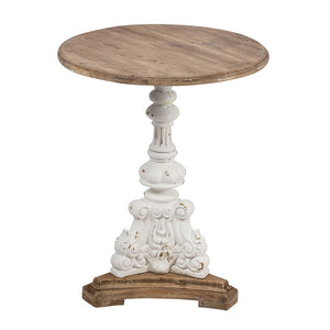 English Elm D22.5x27" Vintage-Inspired Antique White Round Side Table with Carved Floral Pedestal, Fir Wood Finish, Casual French Country Charm W2078P290098