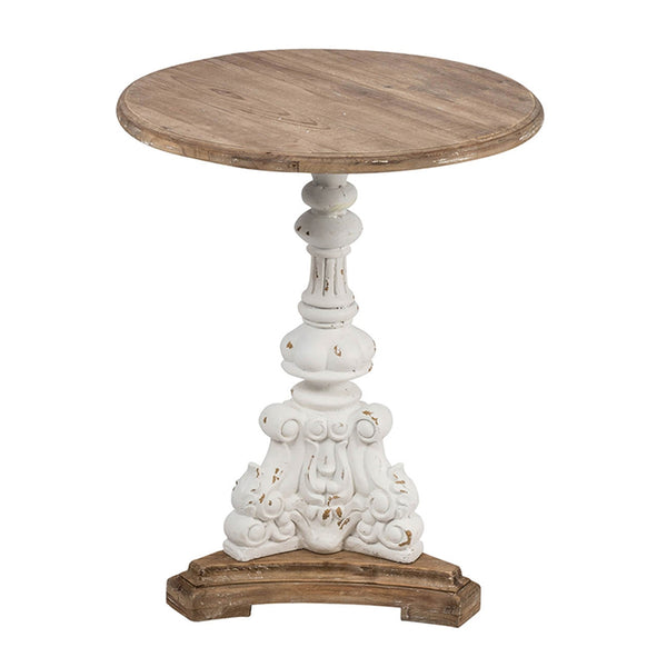 English Elm D22.5x27" Vintage-Inspired Antique White Round Side Table with Carved Floral Pedestal, Fir Wood Finish, Casual French Country Charm W2078P290098