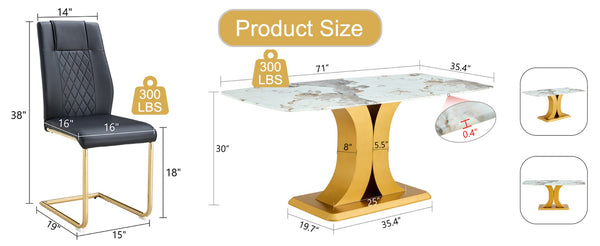 English Elm Table And Chair Set - Luxurious 71" Pandora Glass Dining Table With Golden C-Shaped Legs & 6 Pu Chairs W1151S03225-GIGA