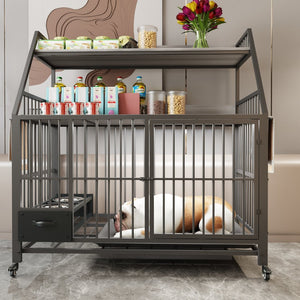 English Elm Large Pet Cage with Iron Frame Mdf Panels Storage Rack and Steel Feeding Basins Black,Gray+Charcoal W3064P245387