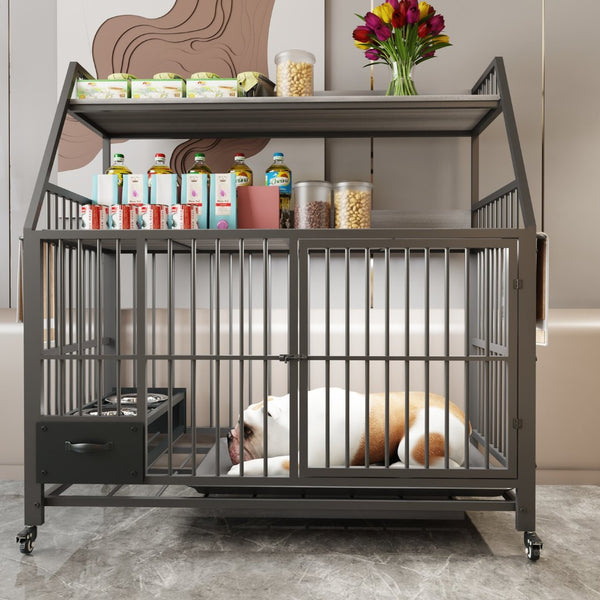 English Elm Large Pet Cage with Iron Frame Mdf Panels Storage Rack and Steel Feeding Basins Black,Gray+Charcoal W3064P245387