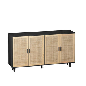 English Elm 62.20"Elegant 4-Door Rattan Storage Cabinet with Solid Wood Legs, Black, Spacious Shelves & Easy Assembly W757P174987