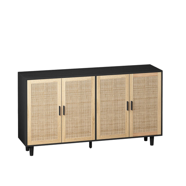 English Elm 62.20"Elegant 4-Door Rattan Storage Cabinet with Solid Wood Legs, Black, Spacious Shelves & Easy Assembly W757P174987