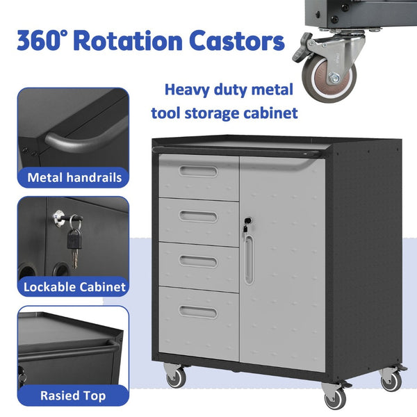 English Elm Sturdy Rolling Steel Garage Cabinet with Locking Drawers and Diamond Plate Workshop Storage T2398P222836
