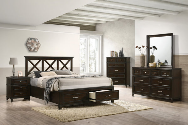 English Elm King Solid Wood Storage Bed with X Headboard, Poplar & Rubberwood Frame, Transitional Design Elegance Mahogany 84 L x 19.75 W x 17 H B2699S00032