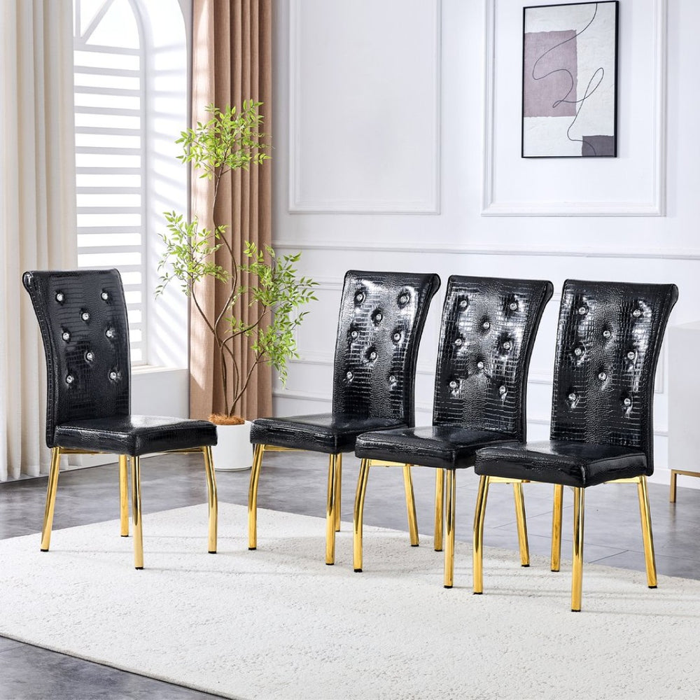 English Elm Set of 4 Glam Faux Leather Dining Chairs with Crystal Buckle and Gold Tone Legs Black+Gold W3226P311060