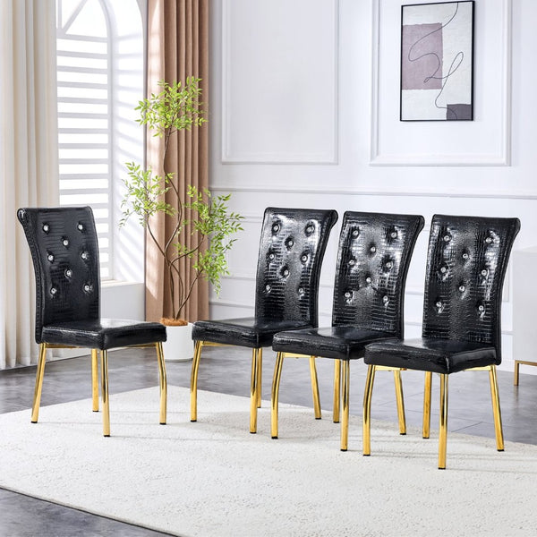 English Elm Set of 4 Glam Faux Leather Dining Chairs with Crystal Buckle and Gold Tone Legs Black+Gold W3226P311060