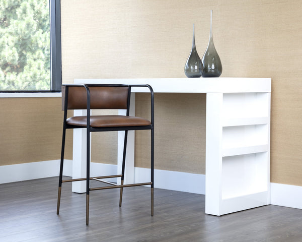 Sunpan Brenan Counter Stool - Elegant Curved Backrest, Unique Faux Leather, Black Metal Frame & Brass Caps Bravo Cognac