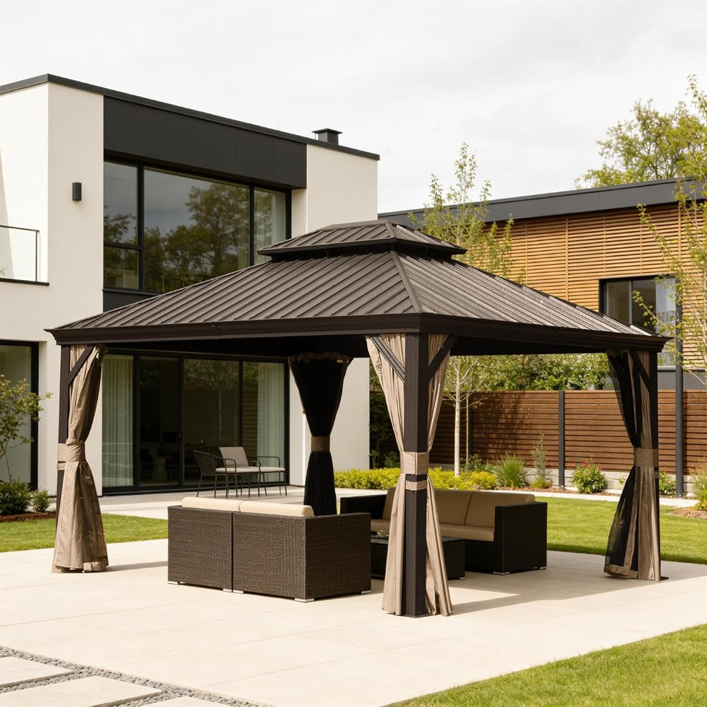 English Elm 13x13ft Hardtop Gazebo Galvanized Steel Vented Double Roof with Curtains Netting Patio Brown W1859S00202