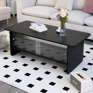 English Elm 47"rectangular Coffee Table Fluted Glass Sliding Doors Retro Wood Grain Living Room Storage Black W3935P408521