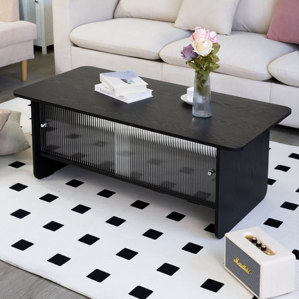English Elm 47"rectangular Coffee Table Fluted Glass Sliding Doors Retro Wood Grain Living Room Storage Black W3935P408521