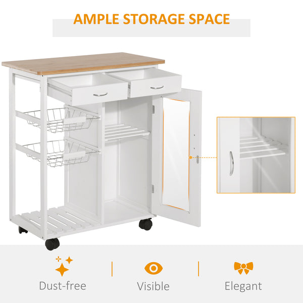 English Elm HOMCOM 28" Rolling Kitchen Island Cart with Bamboo Top, Wire Baskets, Drawers & Locking Wheels W2225P249927