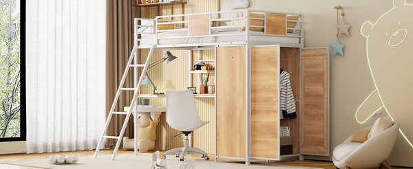 English Elm Twin Loft Bed with L-Shaped Desk and Wardrobe — Space-Saving Iron & Wood Design for Study & Storage White SF000168AAK