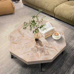 English Elm Wood Octagonal Vintage Patchwork Craft Farmhouse 30-Inch Wooden Table Top with Cross Metal Legs, Stylish Living Room Centerpiece Oak Natural Wood + Antique White W1445P193126