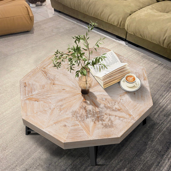 English Elm Wood Octagonal Vintage Patchwork Craft Farmhouse 30-Inch Wooden Table Top with Cross Metal Legs, Stylish Living Room Centerpiece Oak Natural Wood + Antique White W1445P193126