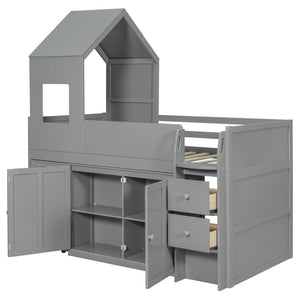 English Elm Twin House Loft Bed with Pull Out Rolling Desk Stair Drawers and Cabinet Storage Gray N820S00072E