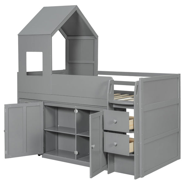 English Elm Twin House Loft Bed with Pull Out Rolling Desk Stair Drawers and Cabinet Storage Gray N820S00072E