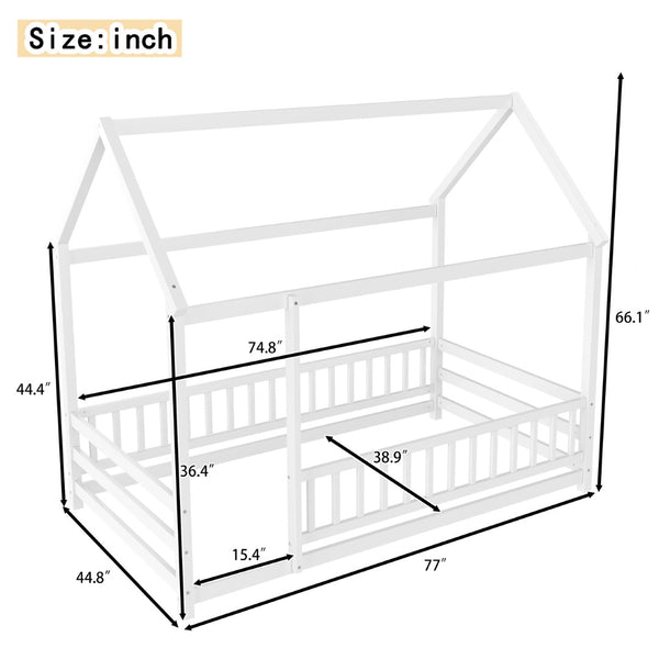 English Elm Twin Pine House Frame Floor Bed with Peaked Roof and Fence Guardrails for Kids White W1858P389938