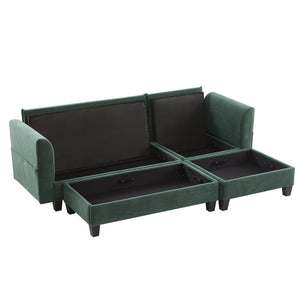 English Elm 83" Sectional Sofa with Hidden Storage, Movable Ottoman Bed, Ergonomic Curved Arms & Six Pillows Green N719S001960F