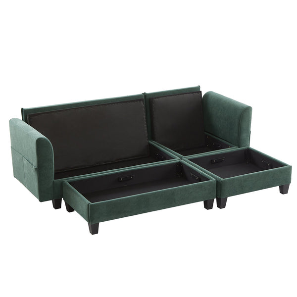 English Elm 83" Sectional Sofa with Hidden Storage, Movable Ottoman Bed, Ergonomic Curved Arms & Six Pillows Green N719S001960F