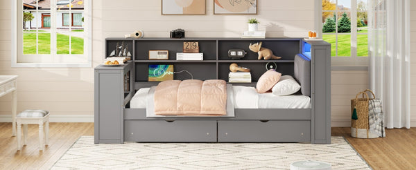 English Elm Wood Twin Size Platform Bed With Storage, Usb Charging, Desk, Led Lighting & Upholstered Headboard N7090001046E-GIGA