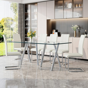 English Elm 9-piece Square Dining Set Seats 8 with Suede Chairs and Two-tone Metal Frame Silver,White W3875S00050