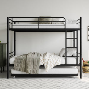 English Elm Twin Twin Bunk Bed with Trundle, Metal Frame Twin-Over-Twin Space-Saving Bunkbeds w/ Ladder & Guardrail W840P196829